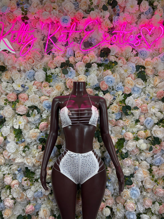 White Rhinestone Rave Outfit: Two Piece Bodysuit