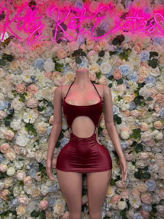 Burgundy satin mini dress bodysuit with halter neckline and open keyhole back