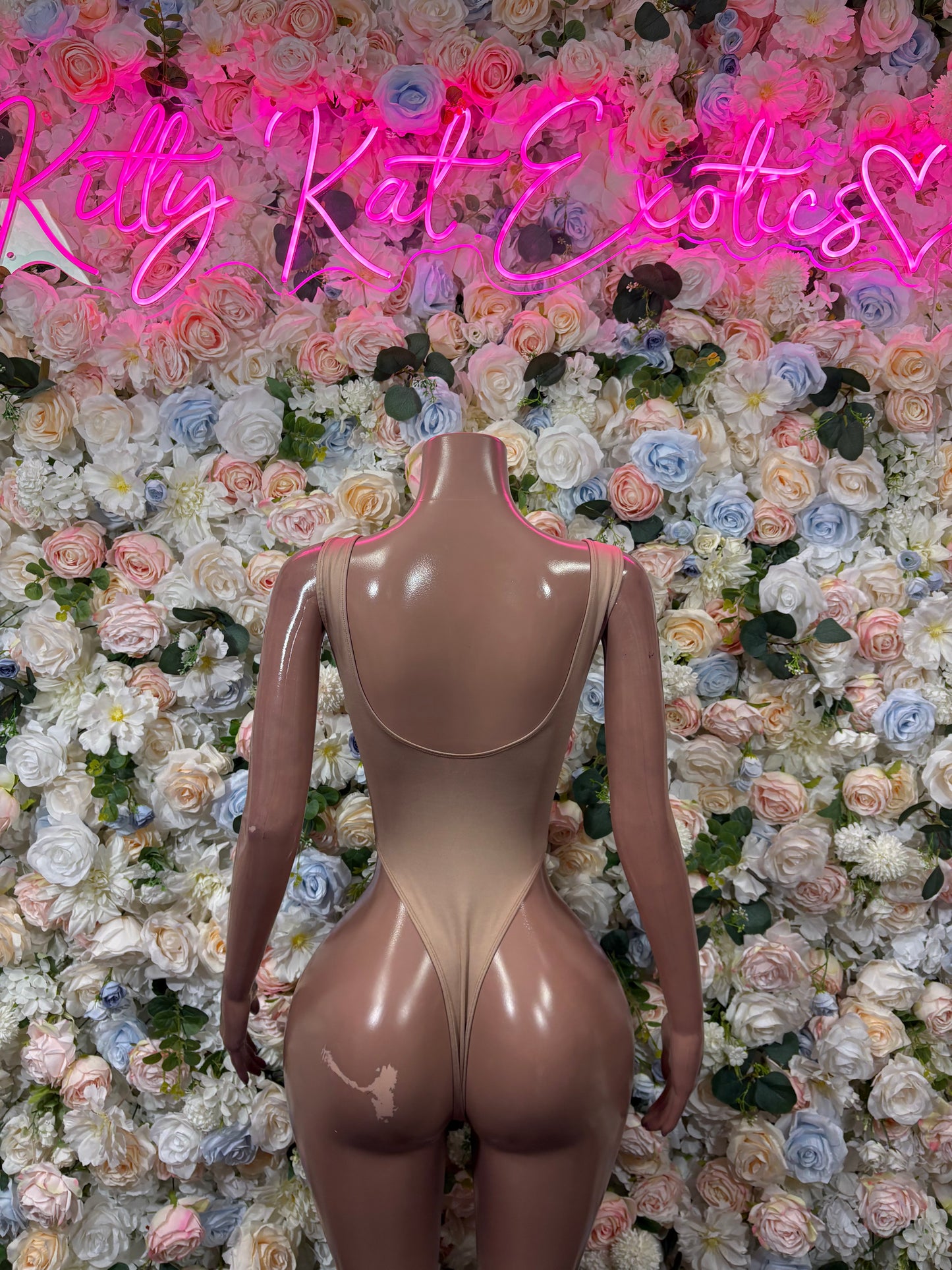 Nude beige halter bodysuit, one-piece with scoop back and high cut legs