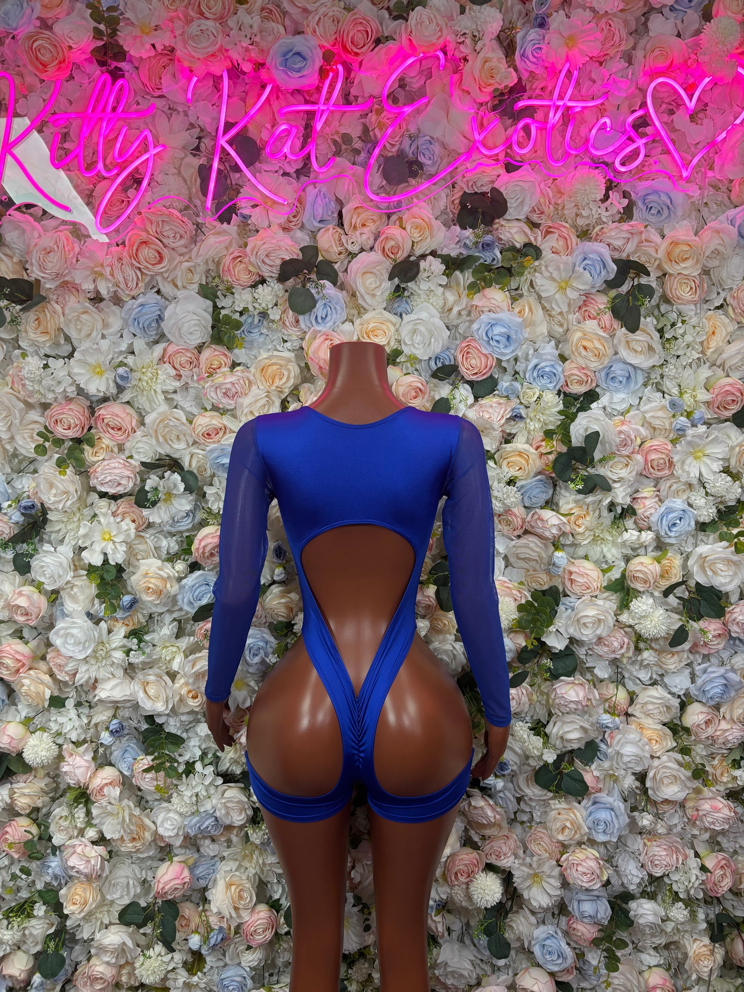 Blue American flag lace-up long-sleeve bodysuit with V-shaped front cutout