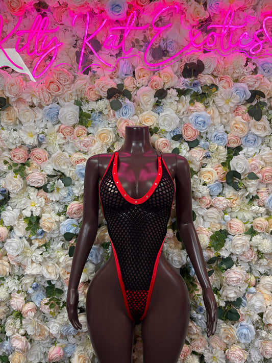 Black lace bodysuit with red trim and halter neckline