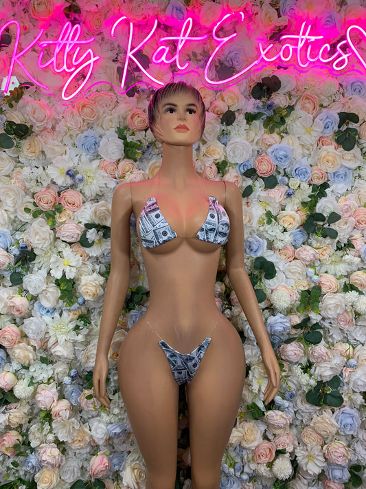 Blue money-print bikini two-piece with triangle top and high-cut bottoms, front view