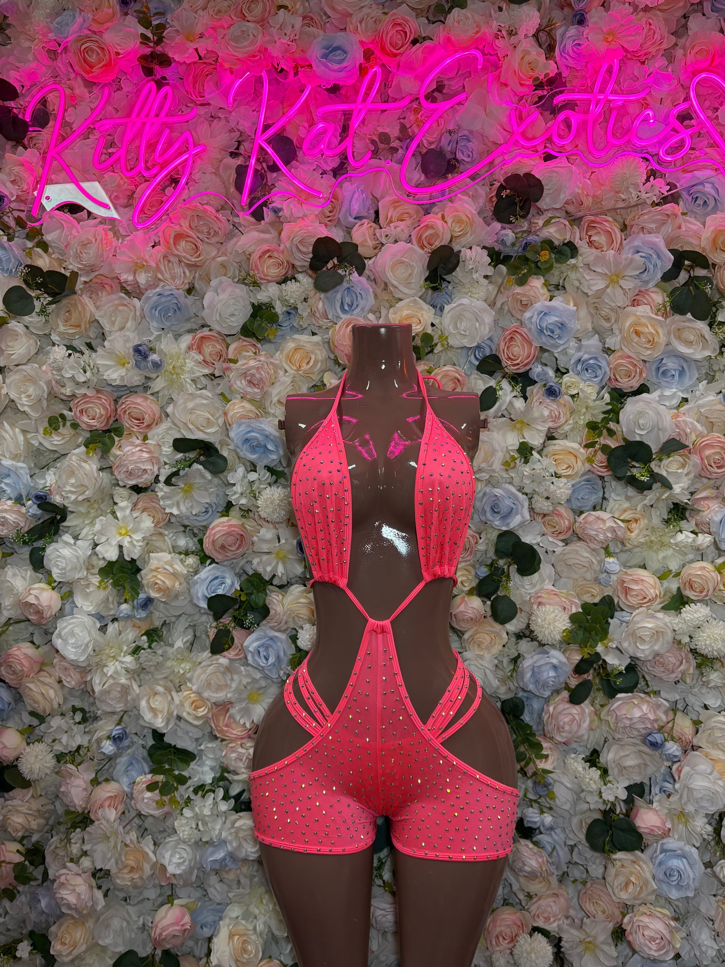 Exotic Dancewear Coral Rhinestone One Piece set – Rave outfit, rave wear costume, pole dance lingerie, festival bikini