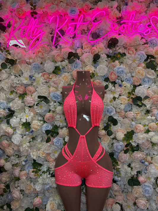 Exotic Dancewear Coral Rhinestone One Piece set – Rave outfit, rave wear costume, pole dance lingerie, festival bikini