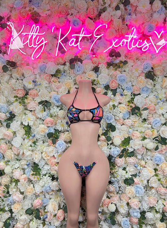 Multicolor strappy bikini lingerie set with triangle bra and matching briefs