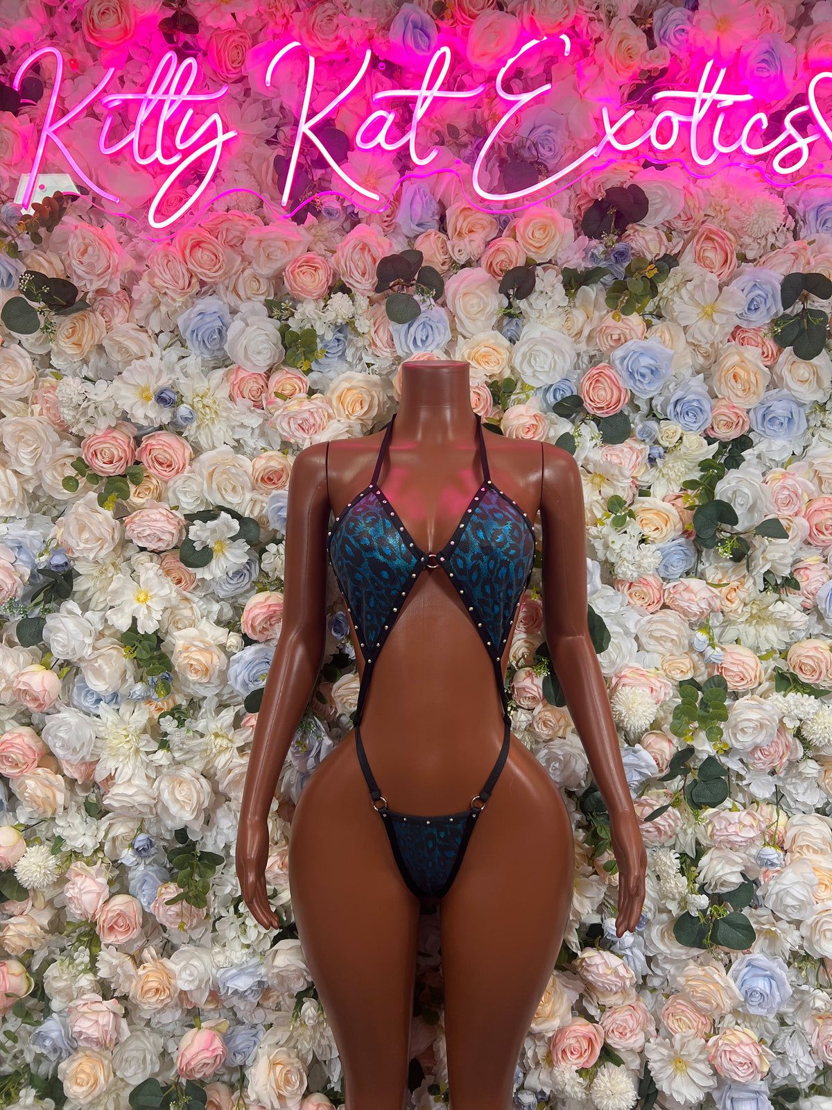 Blue Leopard Print Bodysuit Slingshot One Piece Exotic Dancewear, Rave Outfit