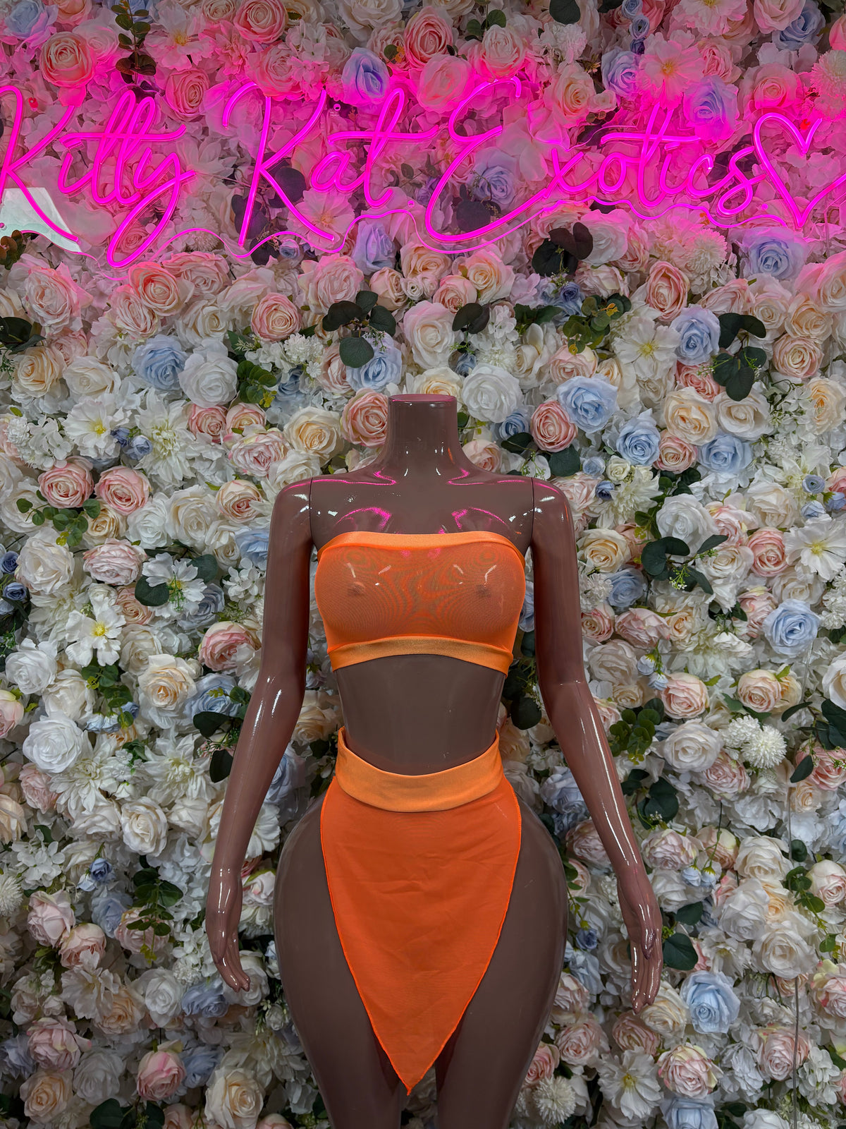 Festival Bikini Orange Mesh Two-Piece  Skirt – Summer Festival & Rave Wear Exotic Dancewear
