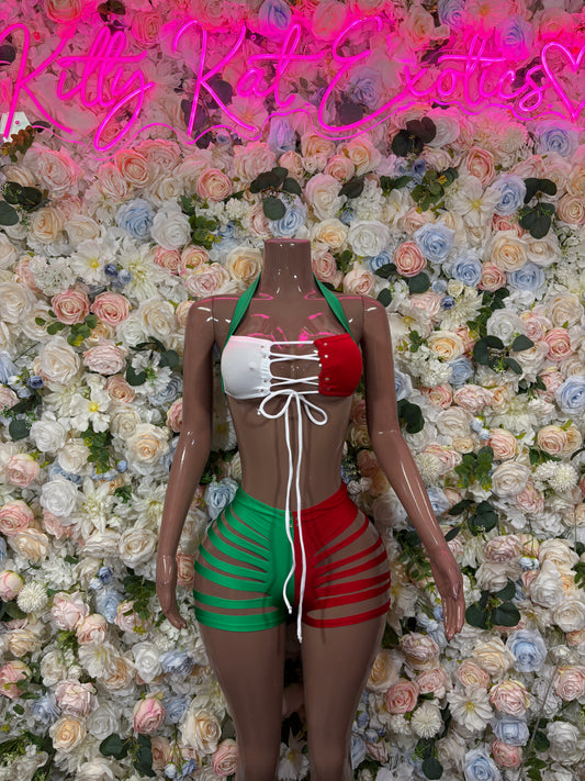 Backless two-piece bikini costume with lace-up red and green striped bottom