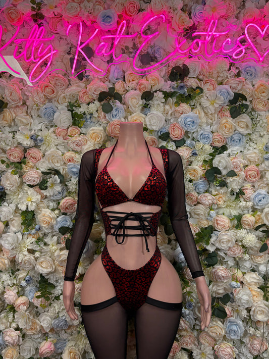 Bottlegirl Bodysuit Red Cheetah Metallic  - One Piece Bartender Outfit,  Dancewear, Party Clubwear