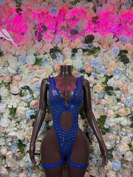 Blue Rhinestone Bodysuit: Exotic Dancewear Rave Outfit