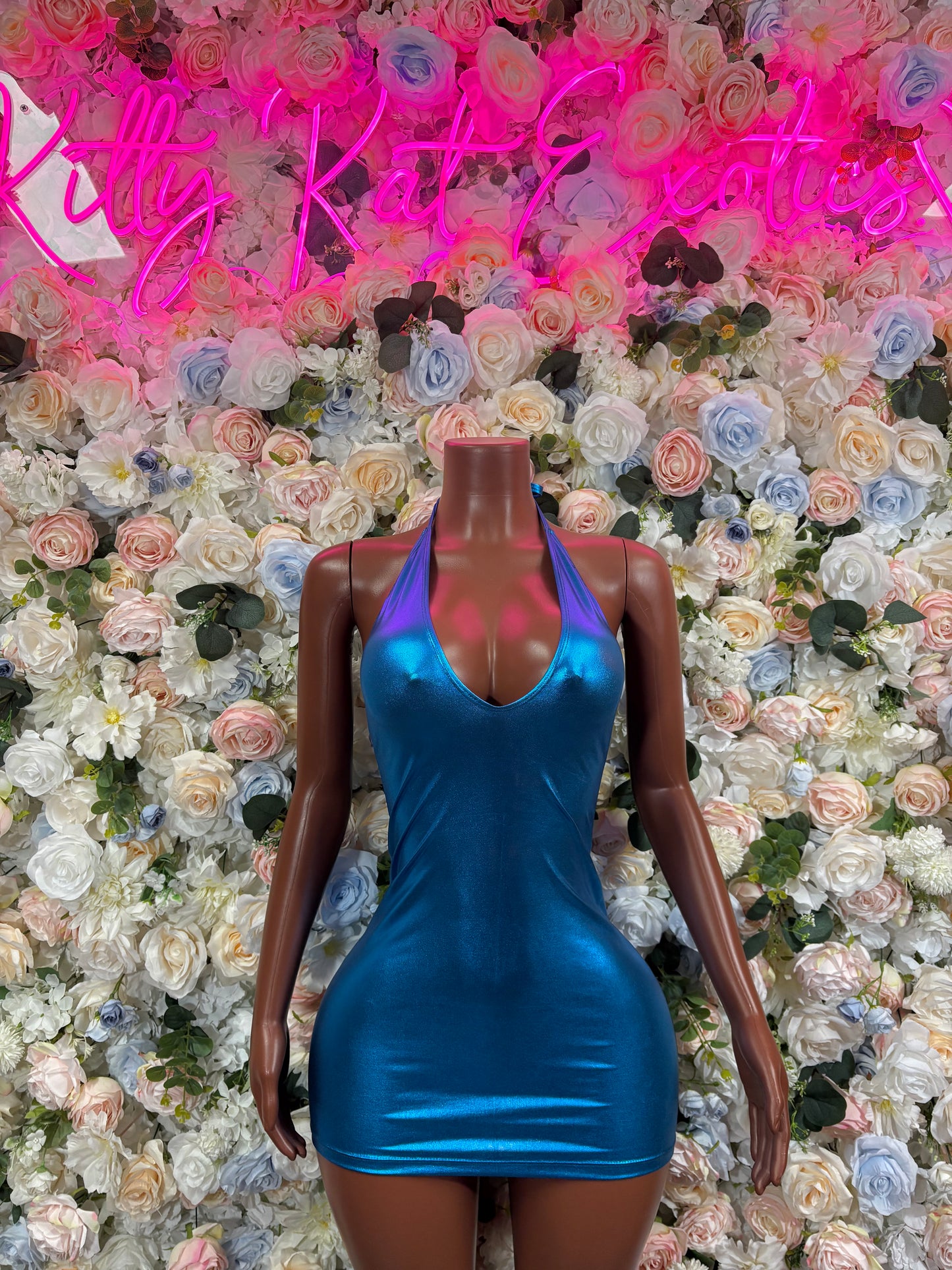 Turquoise satin mini dress with halter straps and deep V neckline