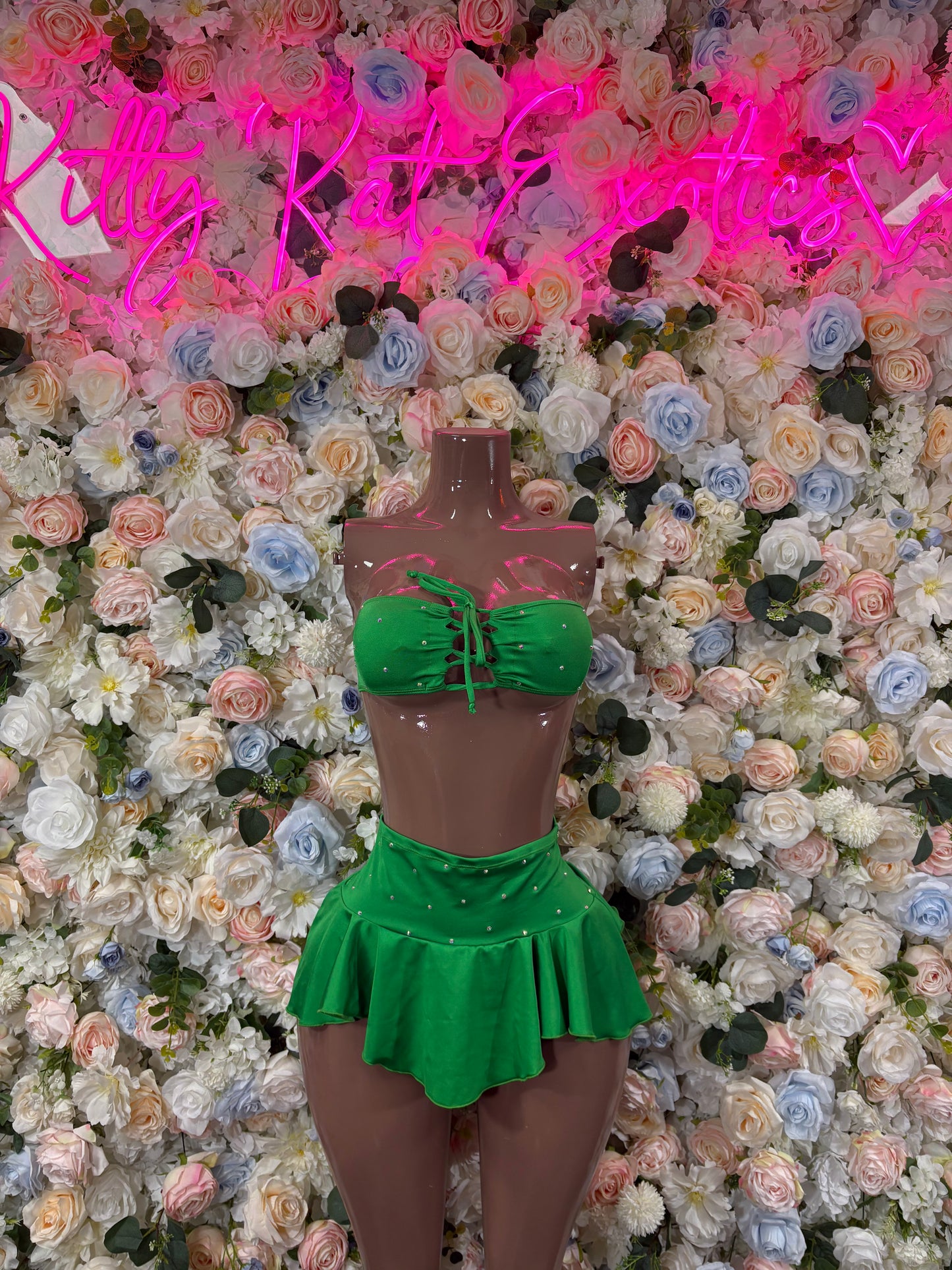 Rave Outfit Green  Two Piece Skirt Set  Bottlegirl Bartender Cheetah Print Bottlegirl Coachella Clubwear