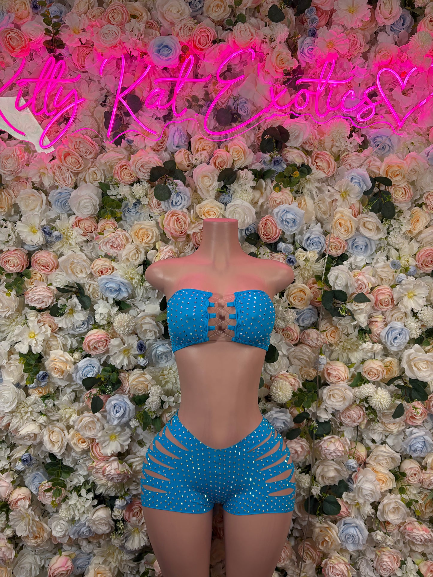 Exotic Dancewear Blue Rhinestone Two Piece set – Rave outfit, rave wear costume, pole dance lingerie, festival bikini