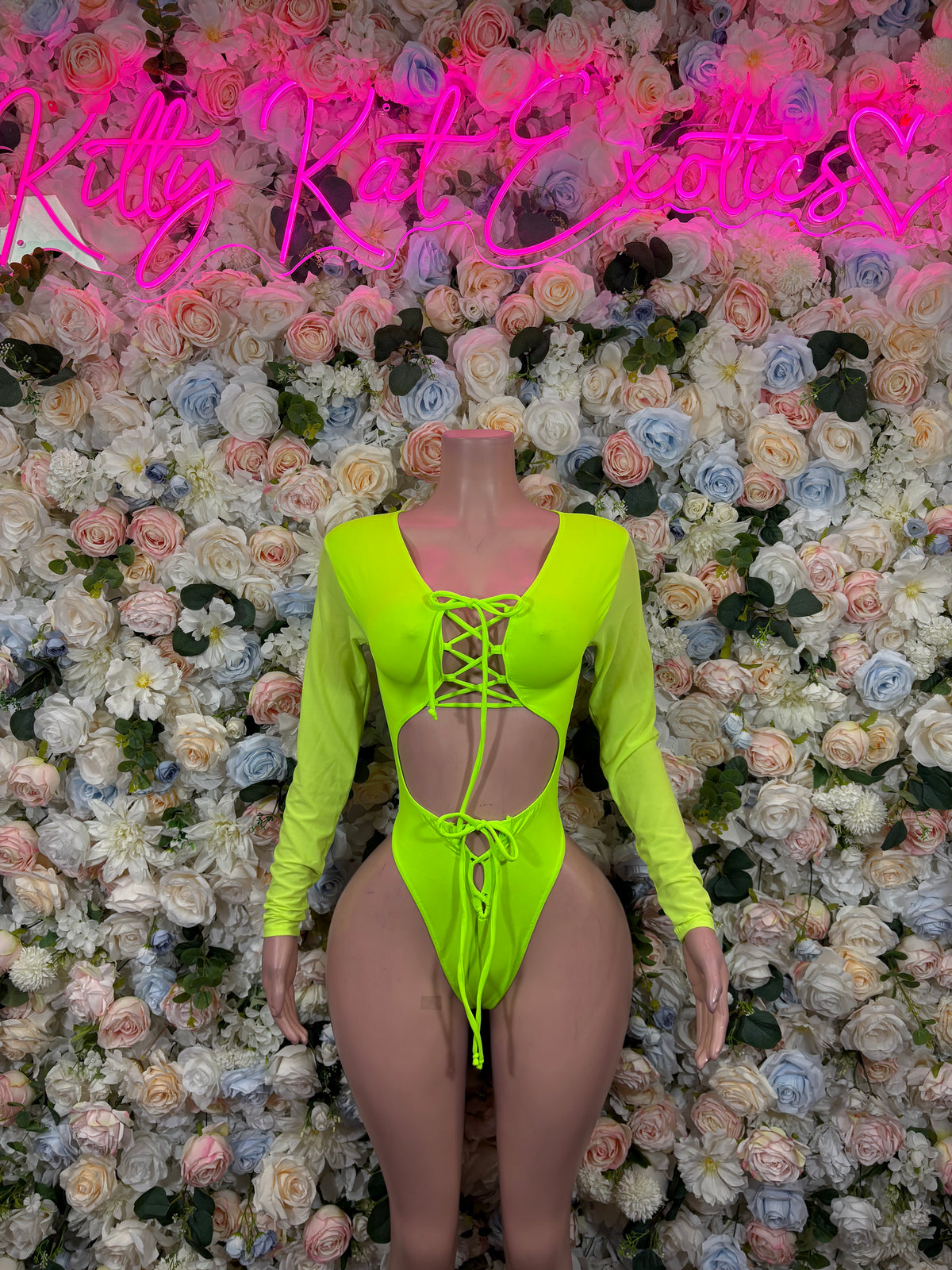 Neon Green Bottlegirl Bodysuit, Long Sleeve Rave Outfit, Festival Clubwear