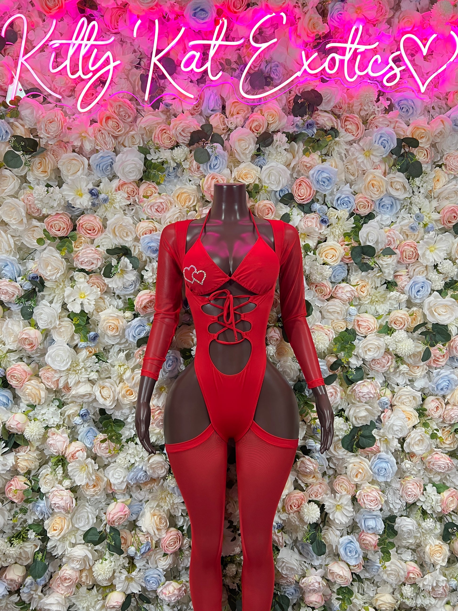Red heart cutout lace-up long-sleeve bodysuit with mesh panels