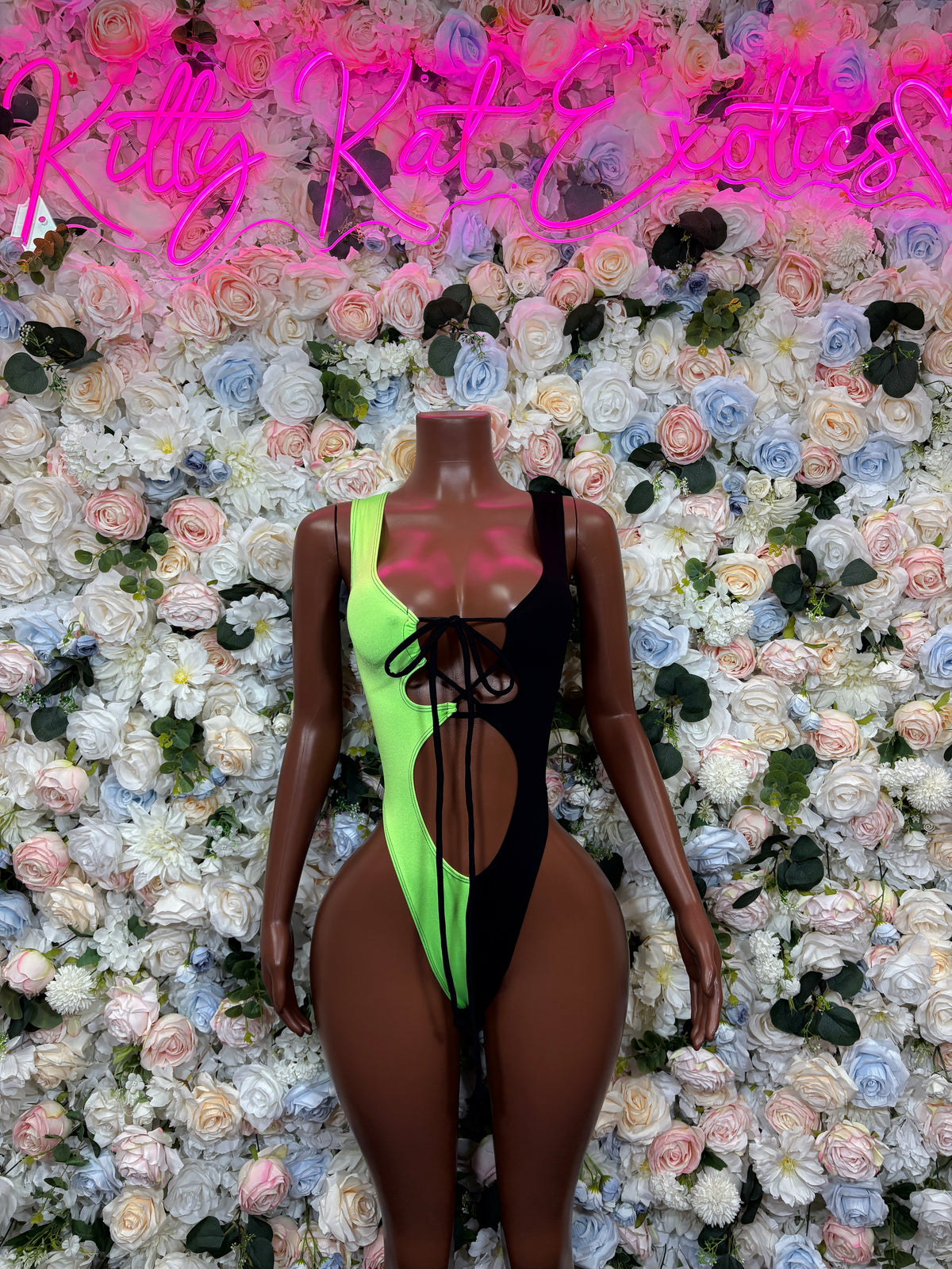 Neon Green & Black Lace Up Villain Bottle Girl Costume Cutout Bottle Girl Bodysuit