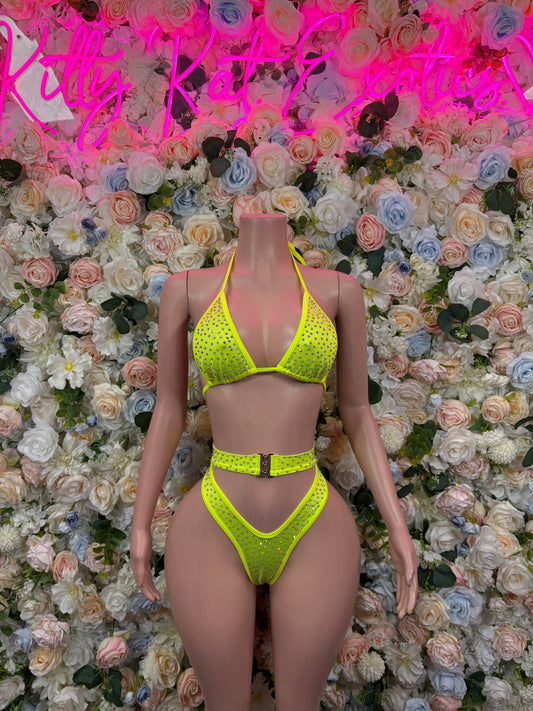 Exotic Dancewear Neon Rhinestone Two Piece set – Rave outfit, rave wear costume, pole dance lingerie, festival bikini