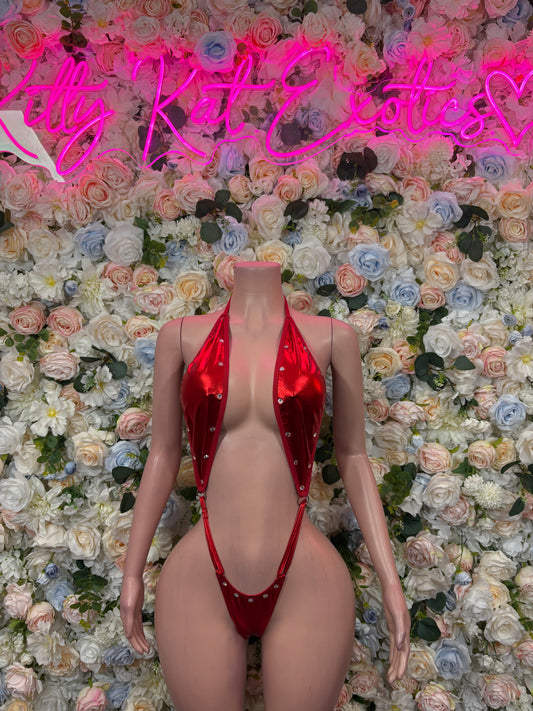 Red Slingshot Rave Festival Outfit Women - Exotic Dancewear Stripper Clubwear Bottle Girl Ravewear