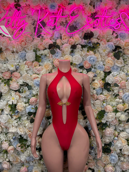 Red halter bodysuit with chest keyhole cutout and gold clasp detail