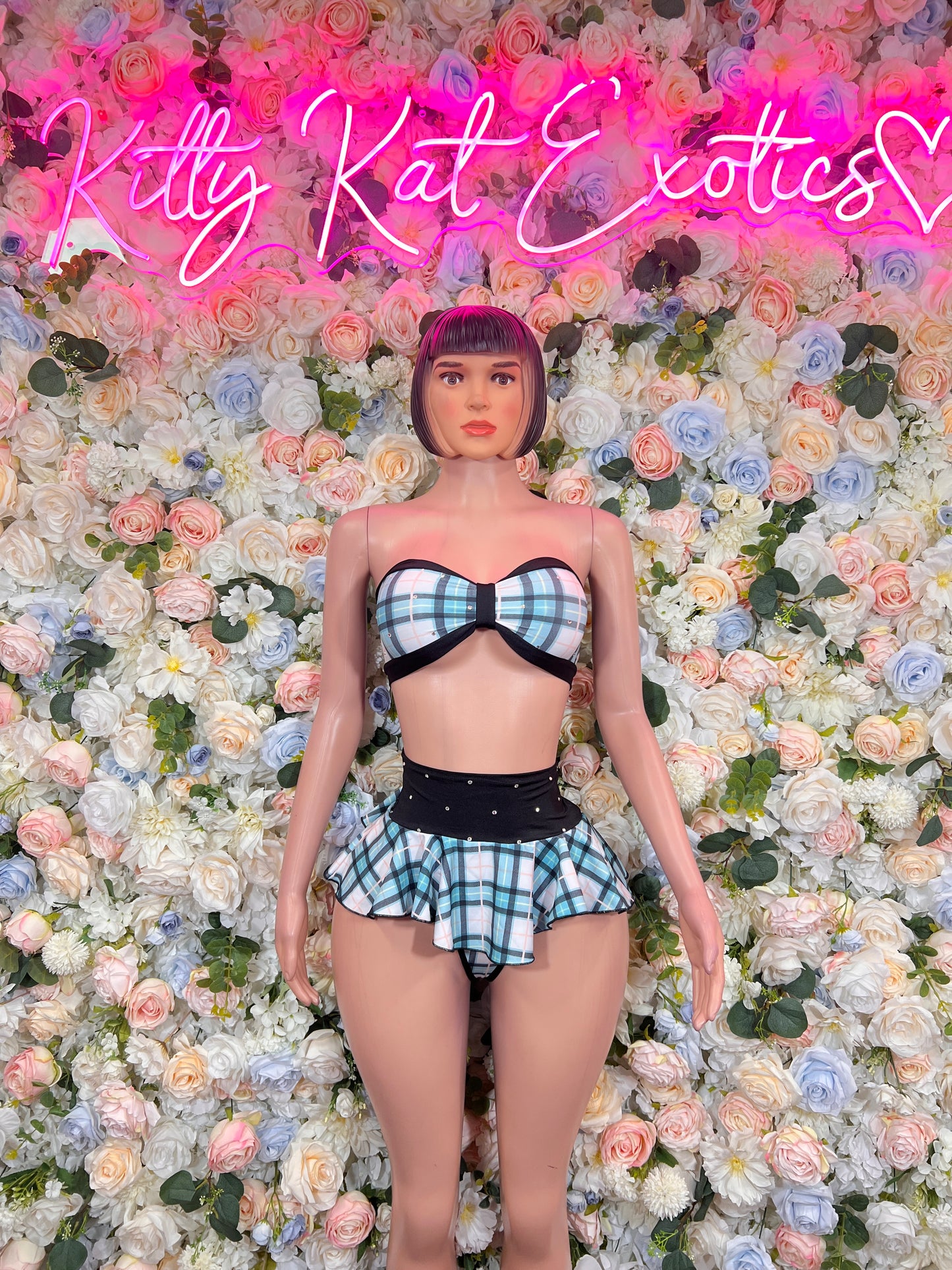 Teal Plaid Two Piece Skirt Set, Rave Festival Outfit