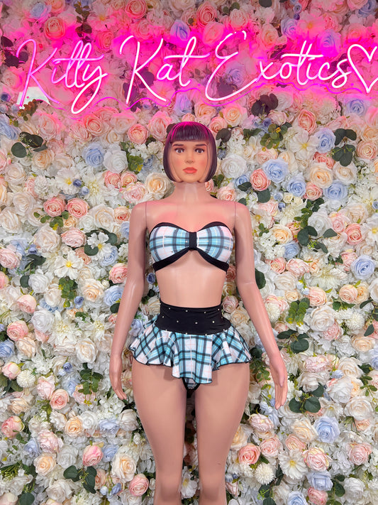 Teal plaid two-piece skirt set, strapless bow bralette and pleated mini skirt (front view)