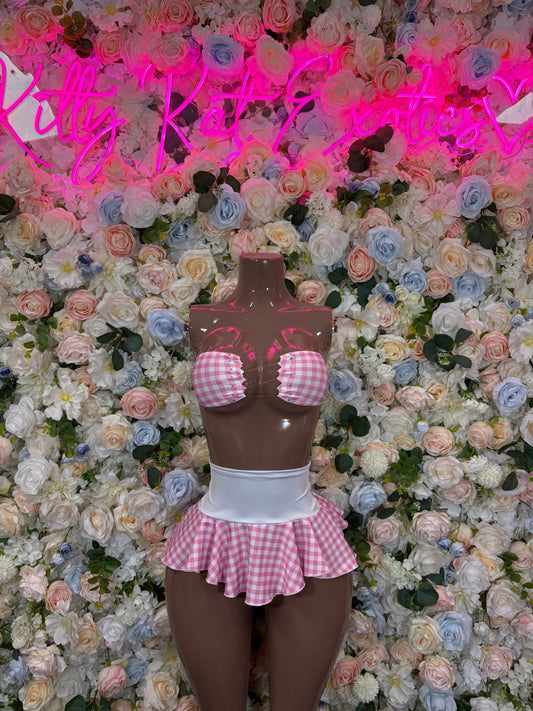 Exotic Dancewear Two Piece Pink White Schoolgirl Skirt Set Festival Wear Exotic Dancewear