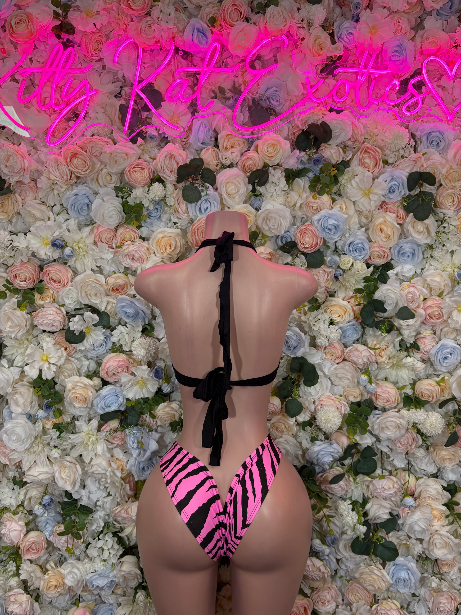 Back view zebra-print two-piece bikini with halter triangle top and tie bottoms, pink/black