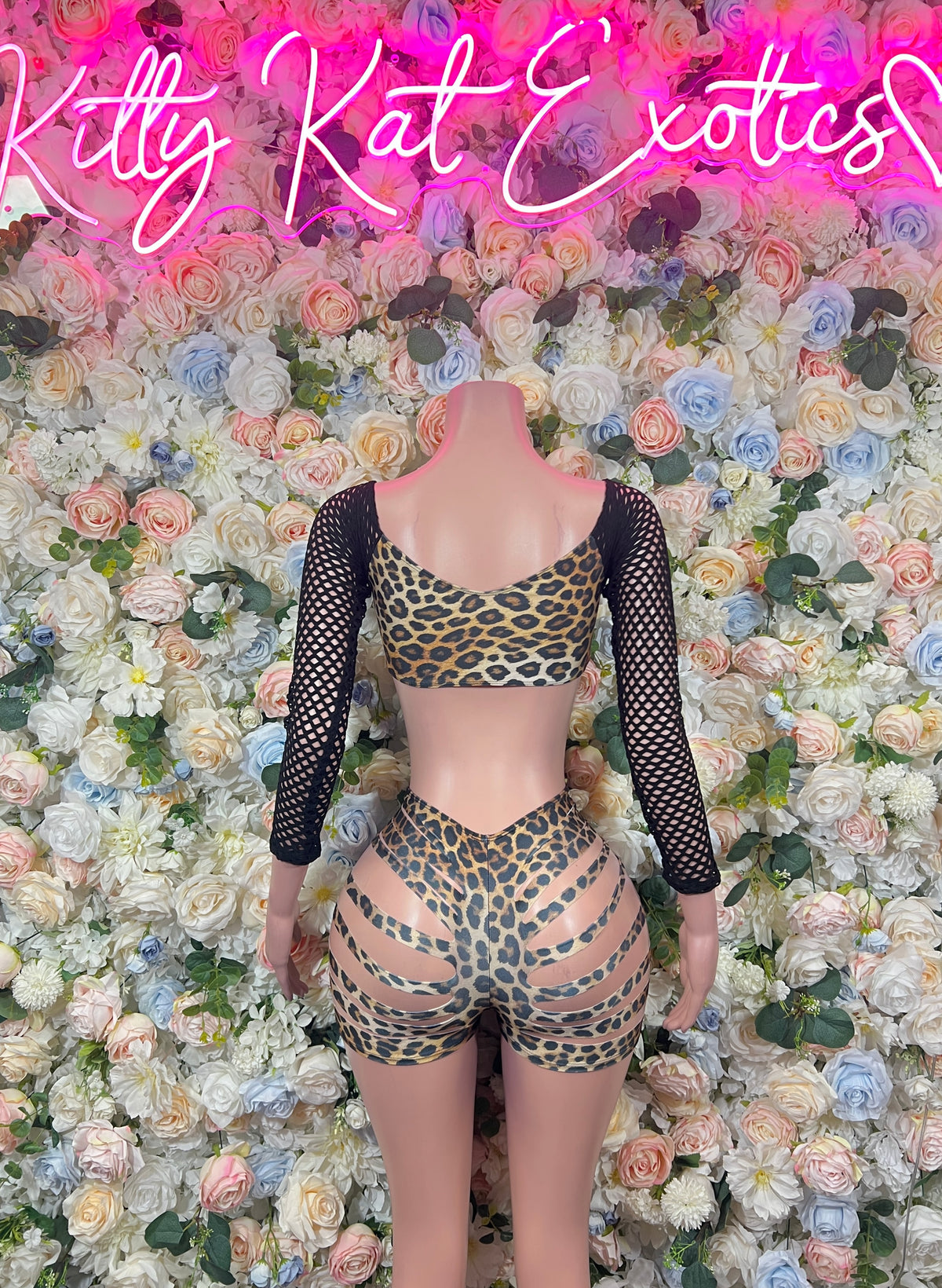 Leopard Print Two Piece Set – Fishnet Sleeve Crop Top & Cutout Shorts, Rave Outfit Dancewear