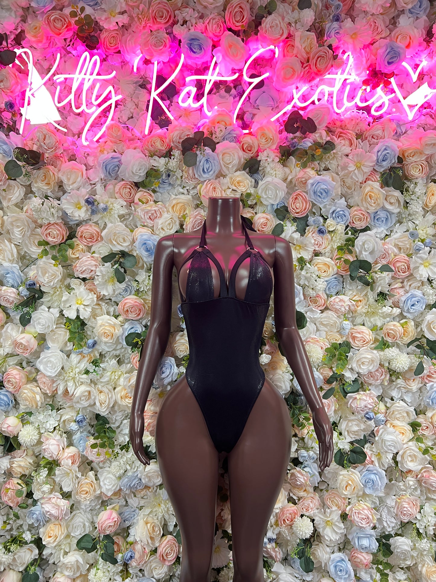 Black sleeveless one-piece bodysuit with deep V neckline and high-leg cutout
