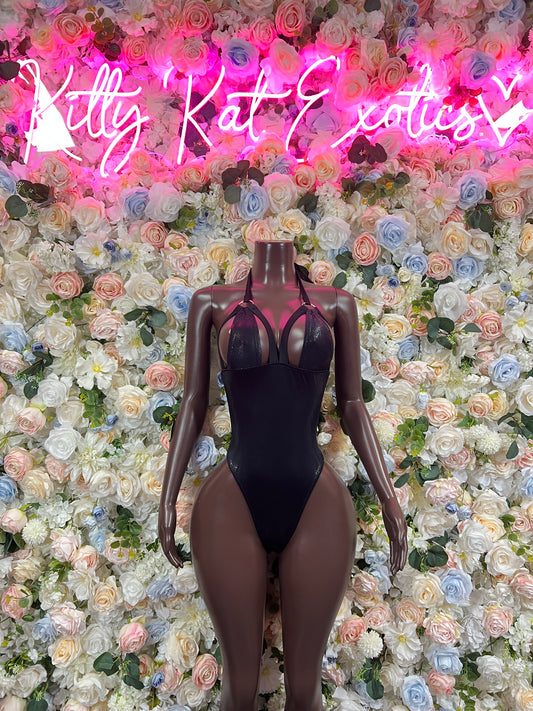 Black sleeveless one-piece bodysuit with deep V neckline and high-leg cutout