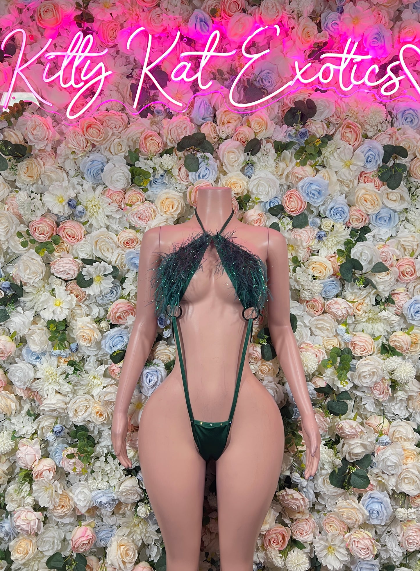 Emerald Green Feather Fringe Bodysuit Rave Festival Exotic Dancewear Sparkly Glitter Boa Club Outfit
