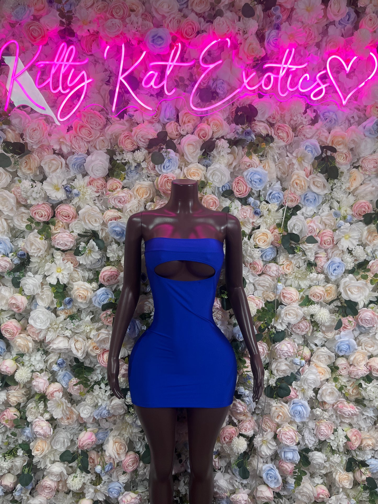 Royal blue strapless one-piece club dress with sweetheart neckline and cutout bust