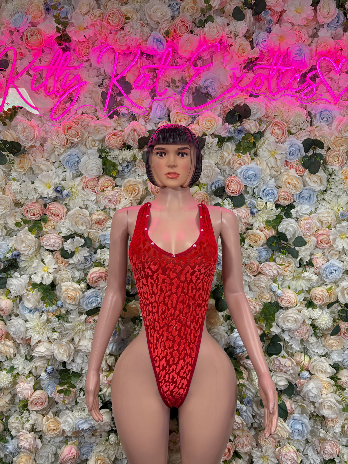 Red leopard print high-cut bodysuit, front view, spaghetti straps