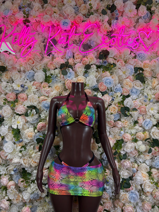 Snake Print Rainbow Two Piece Rave Skirt Set