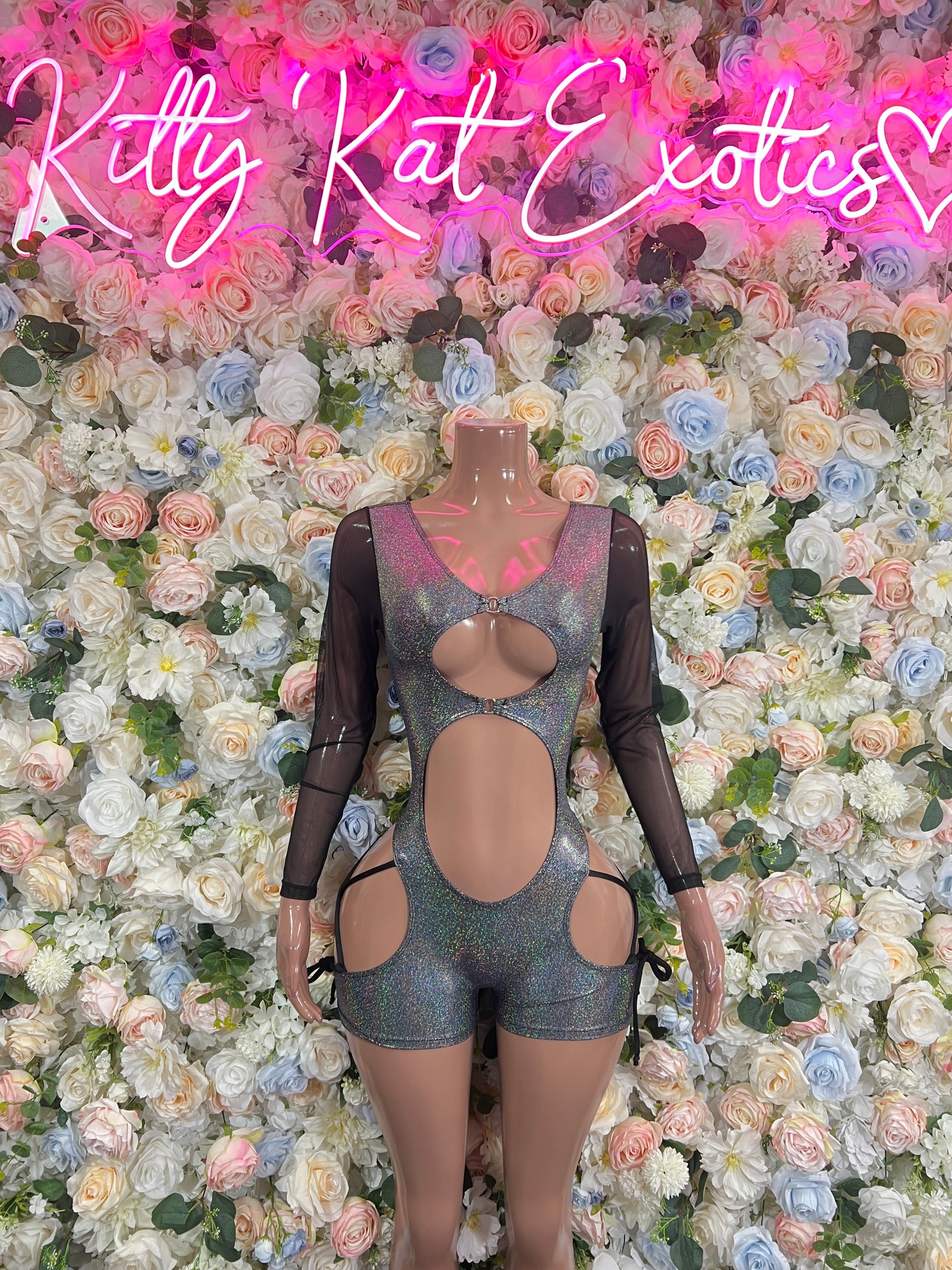 Chrome metallic bodysuit romper with long sleeves and front cutout, back keyhole