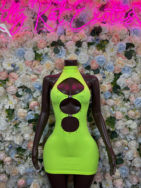Neon green sleeveless mini dress with black cutout chest and neckline straps