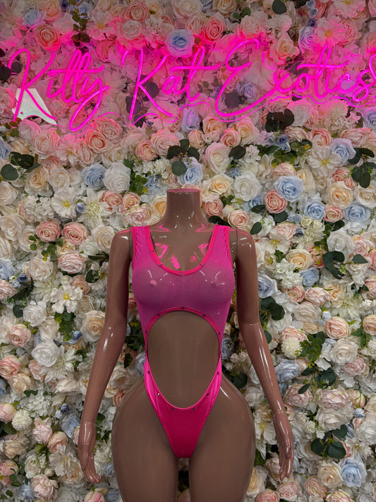 Pink one-piece bodysuit with keyhole cutout at chest and high-cut leg openings