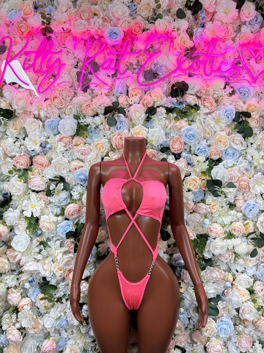 Coral Rhinestone Bodysuit: Exotic Dancewear Rave Outfit