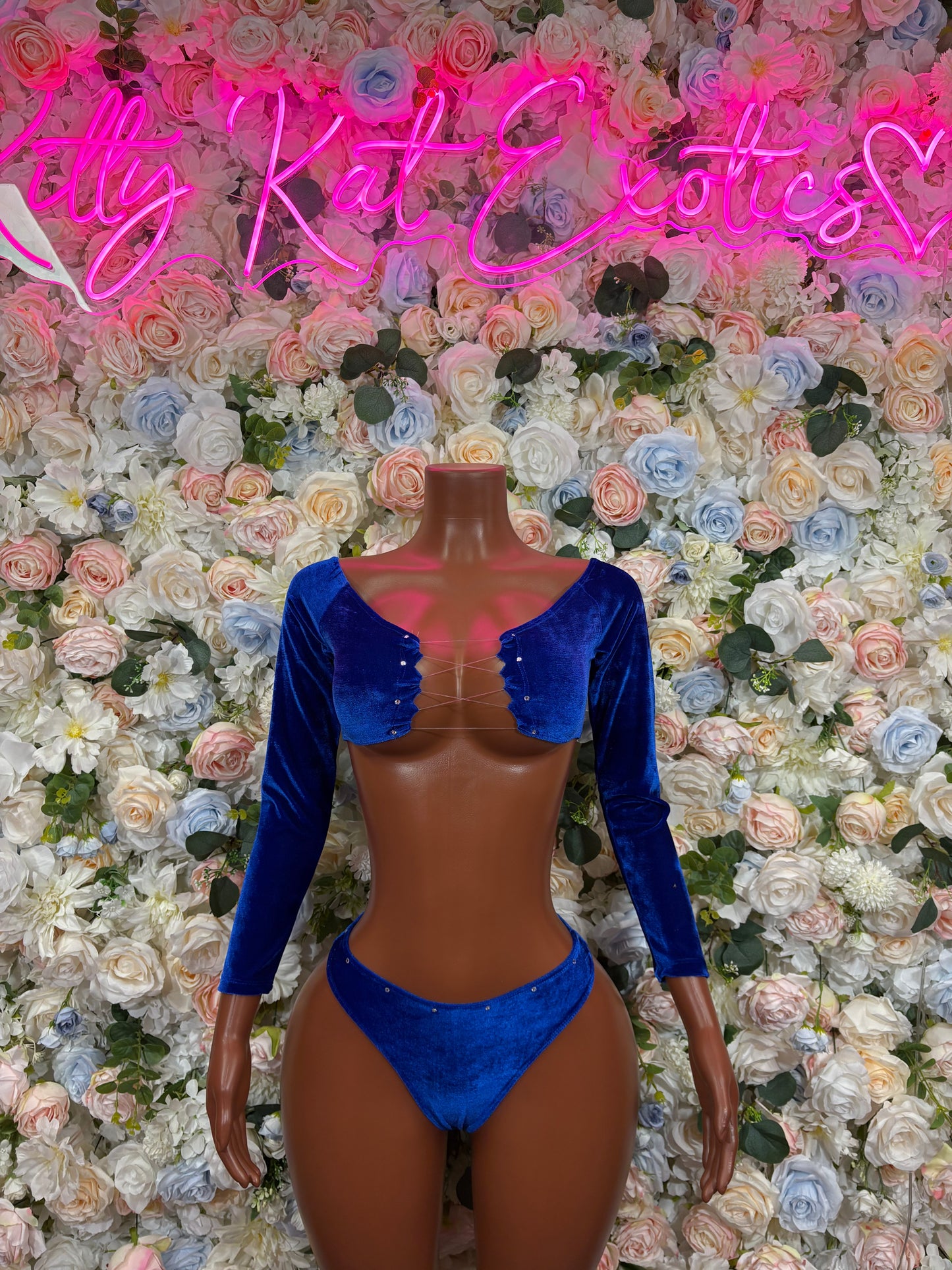 Royal Blue Velvet Two Piece Long Sleeve Bikini Set Exotic Dancewear Rave Festival Outfit