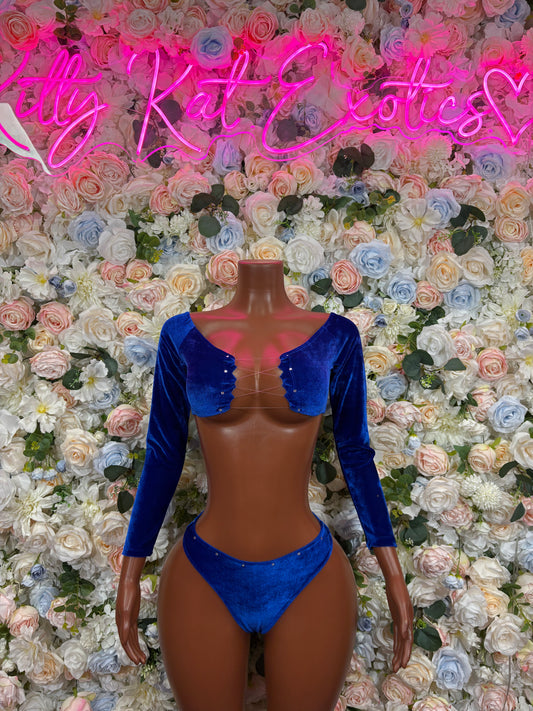 Royal Blue Velvet Two Piece Long Sleeve Bikini Set Exotic Dancewear Rave Festival Outfit