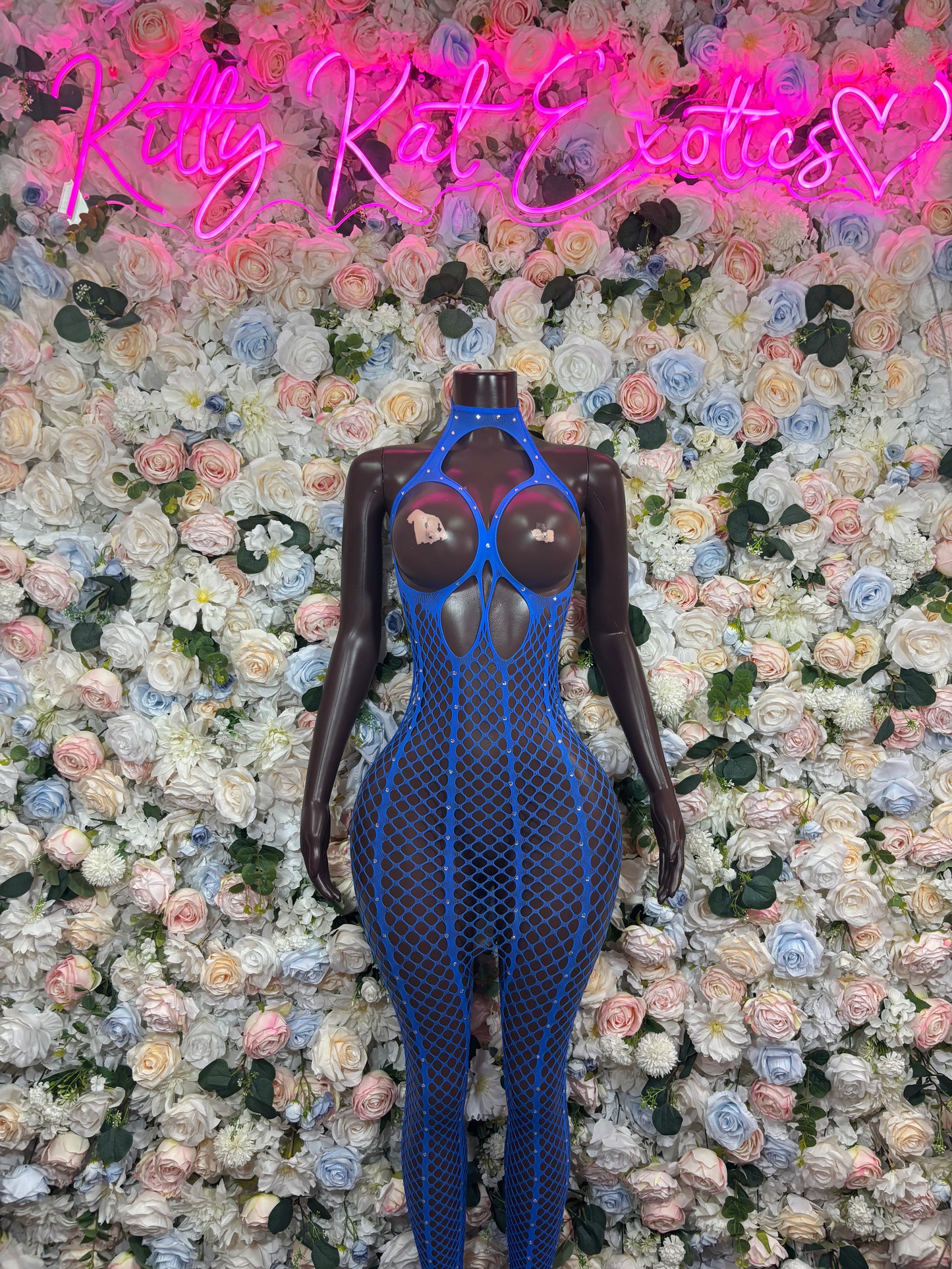 Blue Rhinestone Fishnet Bodysuit Halter Rave Catsuit Festival Outfit Sexy Mesh Dancewear
