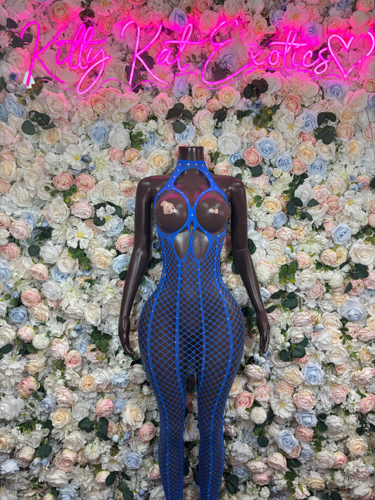 Blue fishnet halter catsuit with front cutout and low back straps
