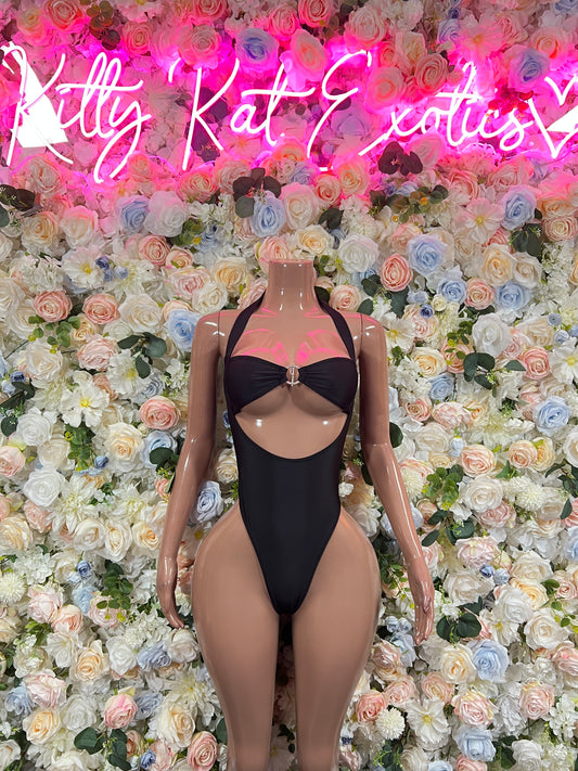 Black halter one-piece bodysuit with high-cut legs and chest cutout