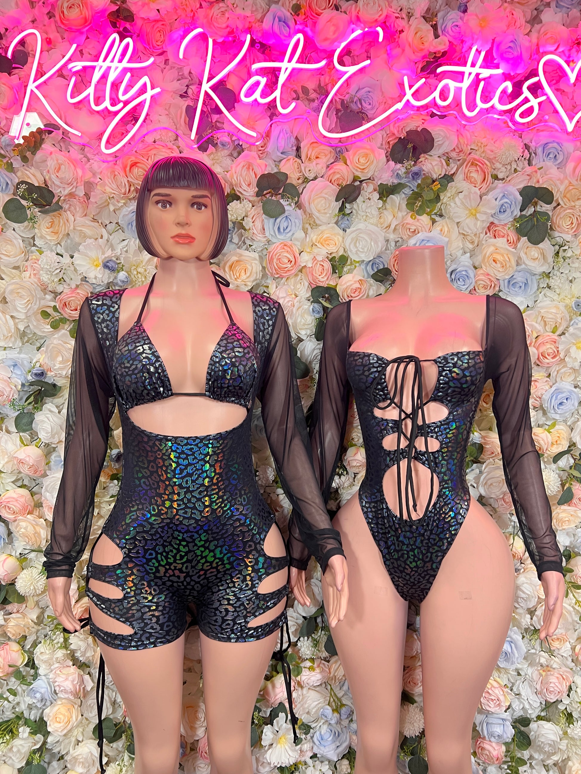 Hologram cheetah-print dancewear set with black sheer sleeves and strappy back shorts