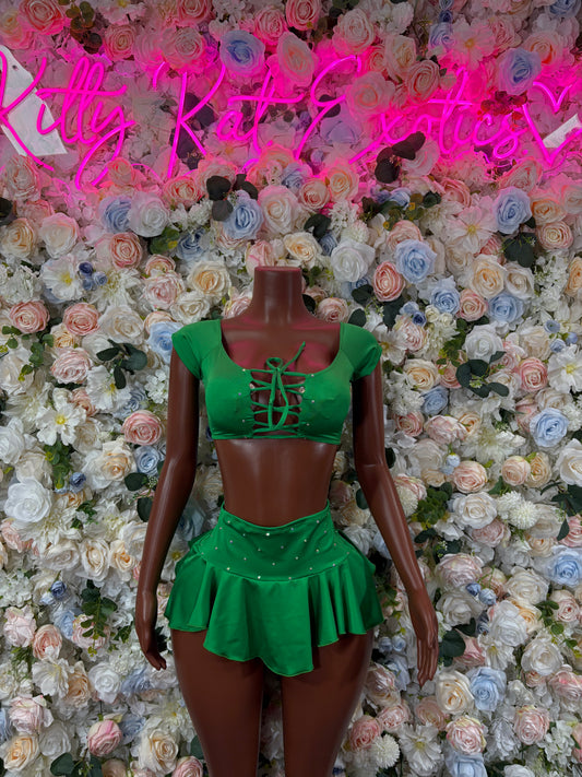 Rave Outfit Green  Two Piece Skirt Set  Bottlegirl Bartender Cheetah Print Bottlegirl Coachella Clubwear