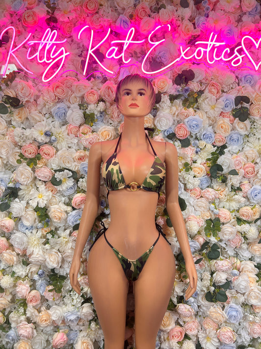 Camouflage bikini two-piece with triangle top and V-front thong-style bottoms, front