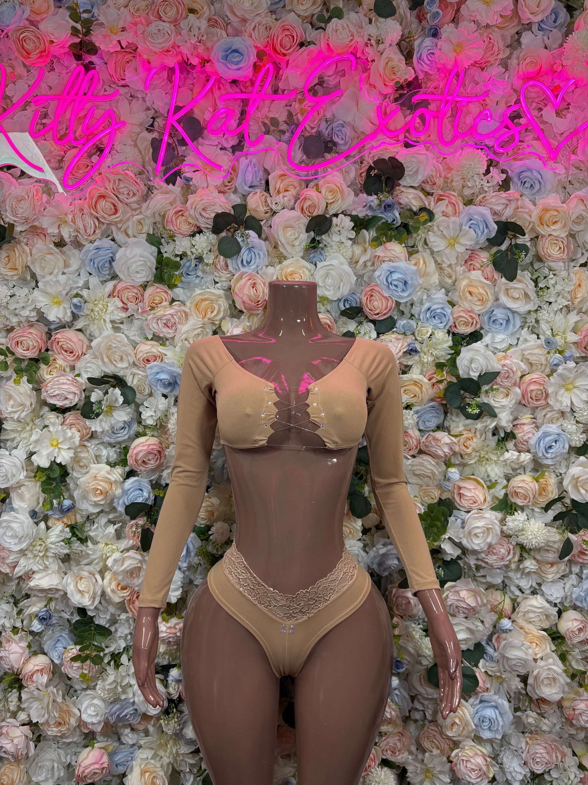 Beige two-piece lingerie set: longline balconette bra with lace-trim high-leg bottoms