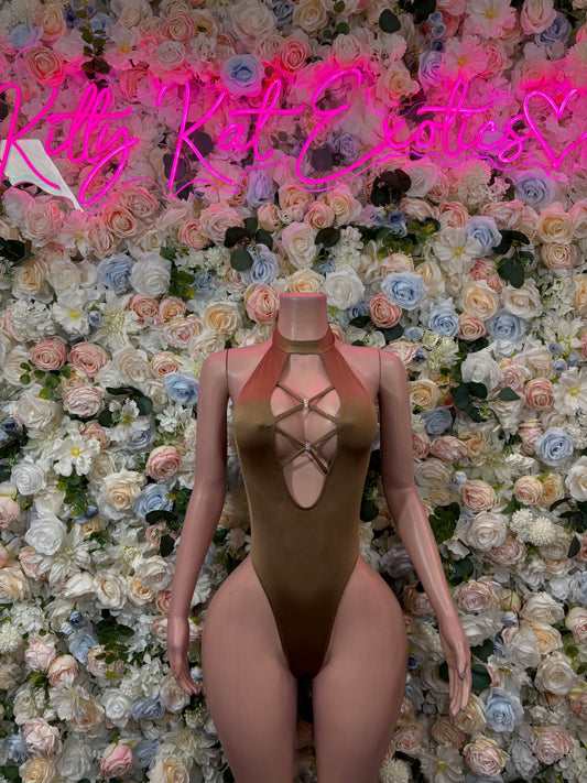 Tan lace-up bodysuit with halter neckline and thong back