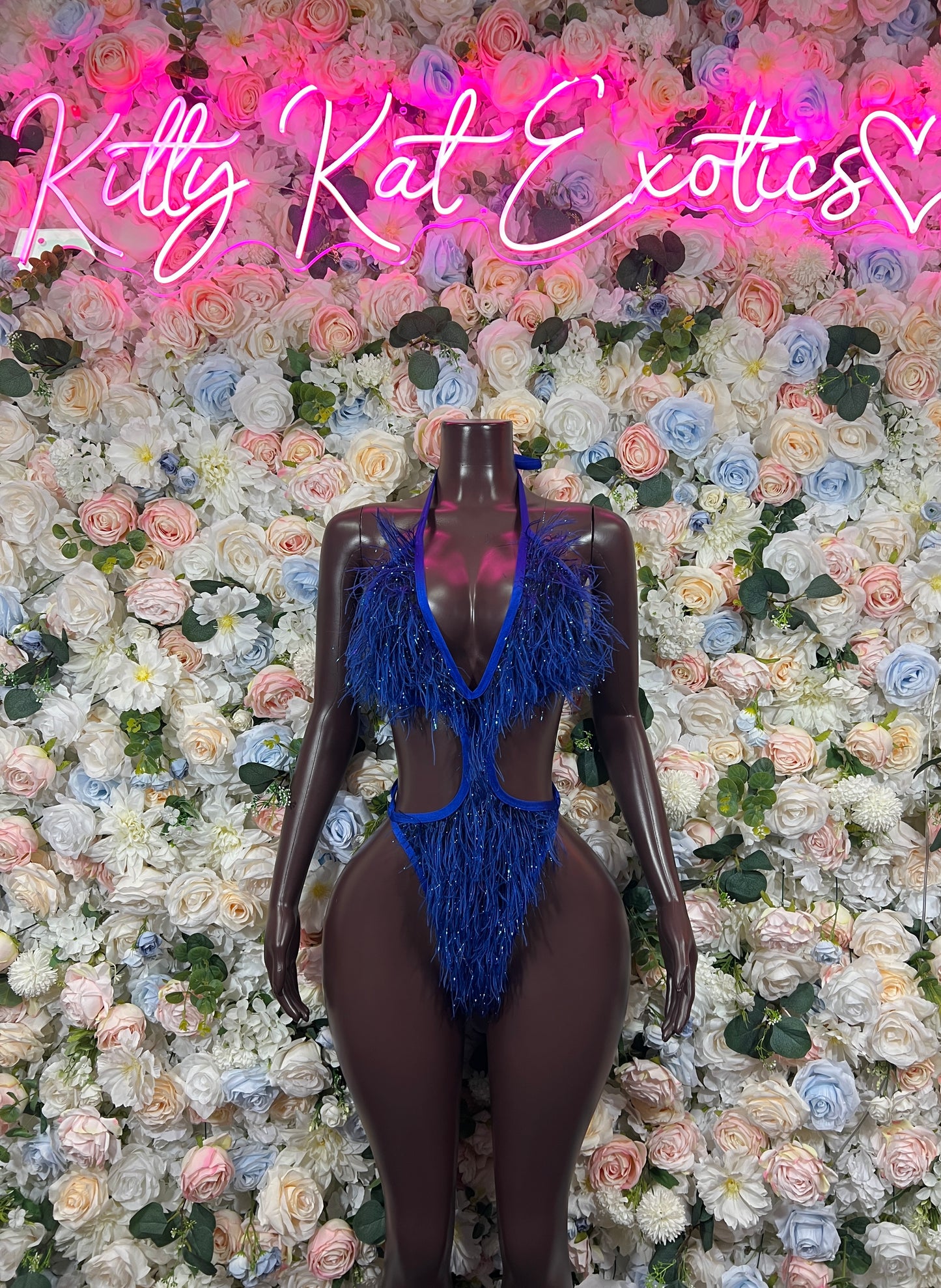 Blue Feather Fringe Bodysuit Rave Festival Exotic Dancewear Sparkly Glitter Boa Club Outfit
