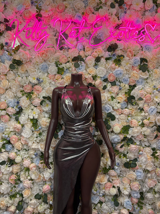 Silver Gown Exotic Dancewear   Elegant and Sexy Evening Gown for Performers, Events, or Special Occasions